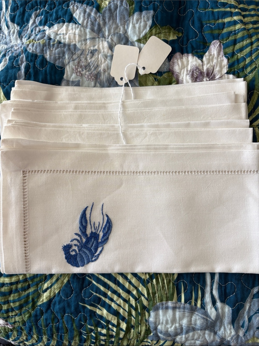 White Linen Napkins with Blue Lobster Embroidery - Set of 4